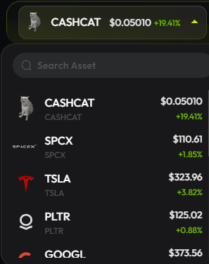 Bullseye market selector showing listed assets and live prices