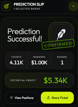 Bullseye confirmation slip showing the final purchase step, tickets, wagered amount, selected ranges, and actions